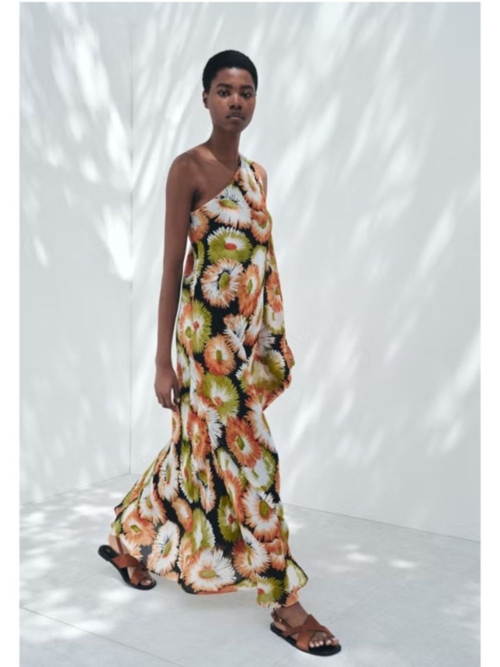 Zara One-Shoulder Floral Maxi Dress in Black, Green & Peach